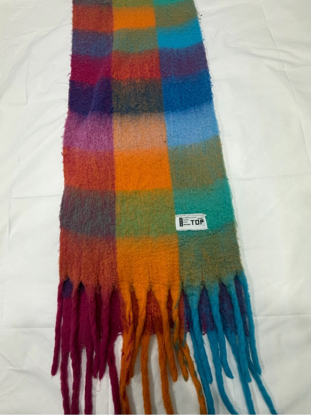 Le Top Vibrant Multicolor Plaid Fringe Scarf — Teal, Orange, Magenta, Blue